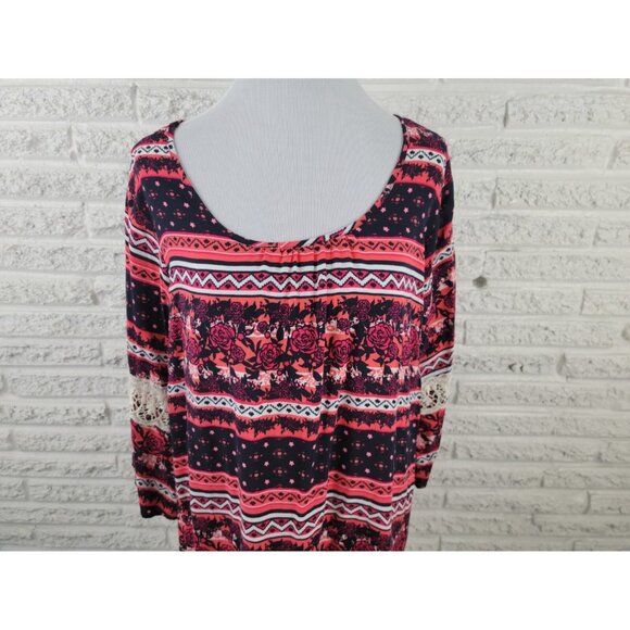 Cato Womens Top 18W 20W Plus Tunic Lace Sleeve Black Floral FLO350E - Picture 3 of 9